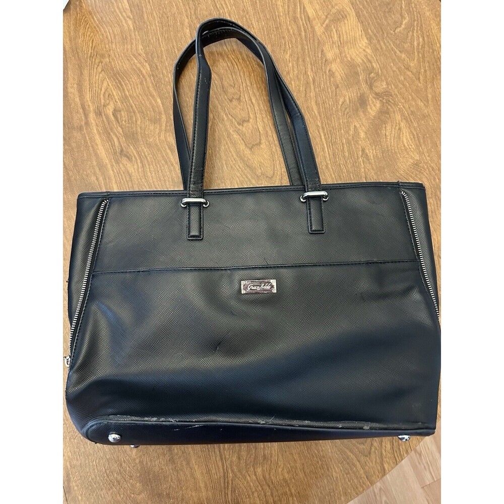 Grace Adele Purse Black Faux Leather Vegan Large Preppy Demure Shoulder Bag